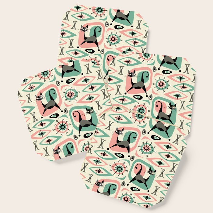 Mid Century Cat Abstract - Pink Aqua Coaster Gallery Image 1