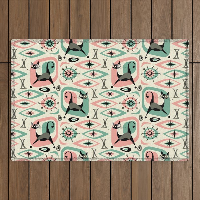Mid Century Cat Abstract - Pink Aqua Outdoor Rug Gallery Image 1