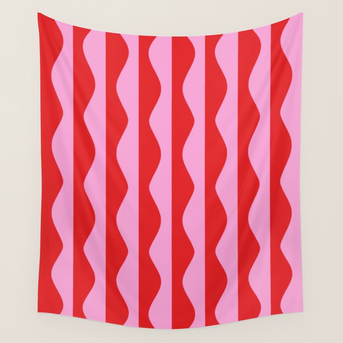 Retro Wavy Lines Pattern in Red & Pink Wall Tapestry Gallery Image 4