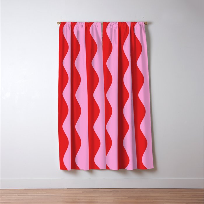 Retro Wavy Lines Pattern in Red & Pink Window Curtain Gallery Image 3