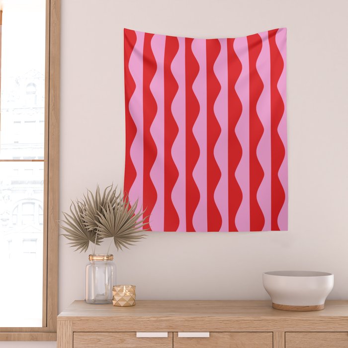 Retro Wavy Lines Pattern in Red & Pink Wall Tapestry Gallery Image 2