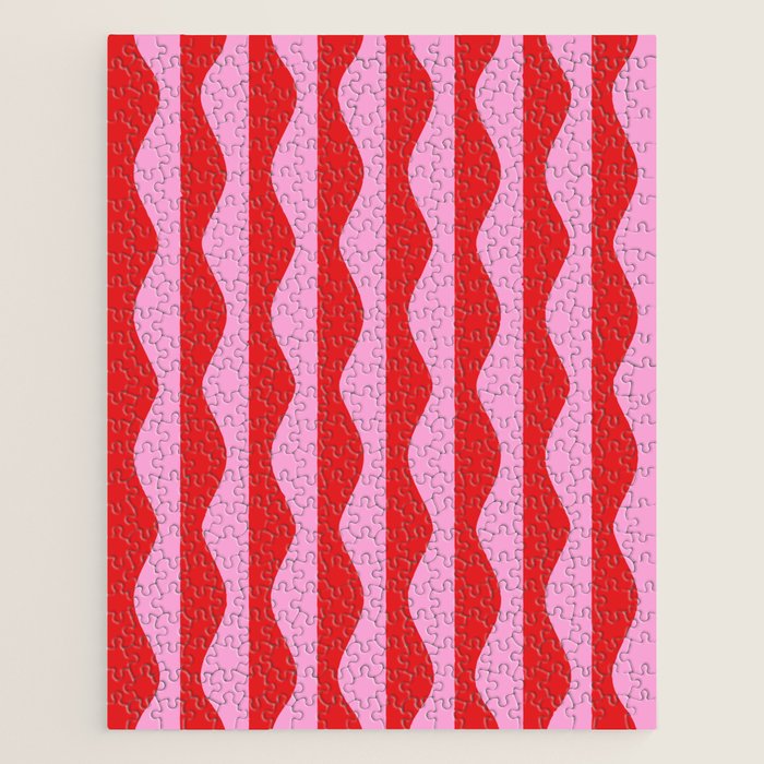 Retro Wavy Lines Pattern in Red & Pink Jigsaw Puzzle Gallery Image 1