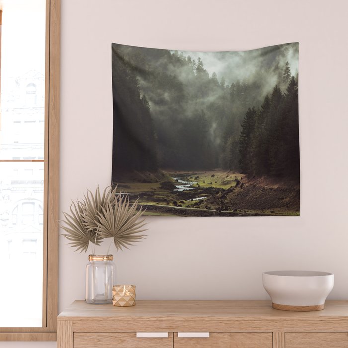 Foggy Forest Creek Wall Tapestry Gallery Image 2