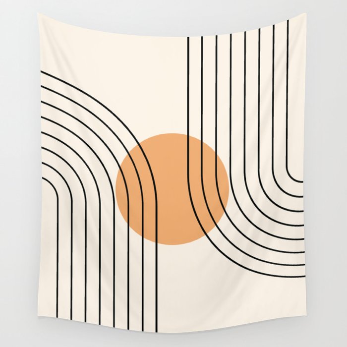 Geometric Lines in Black and Beige 14 (Rainbow and Sun Abstraction) Wall Tapestry Gallery Image 1
