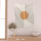 Geometric Lines in Black and Beige 14 (Rainbow and Sun Abstraction) Wall Tapestry Gallery Image 2