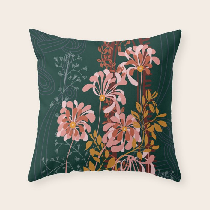Alfons Mucha would love this flowers - emerald green Throw Pillow Gallery Image 6