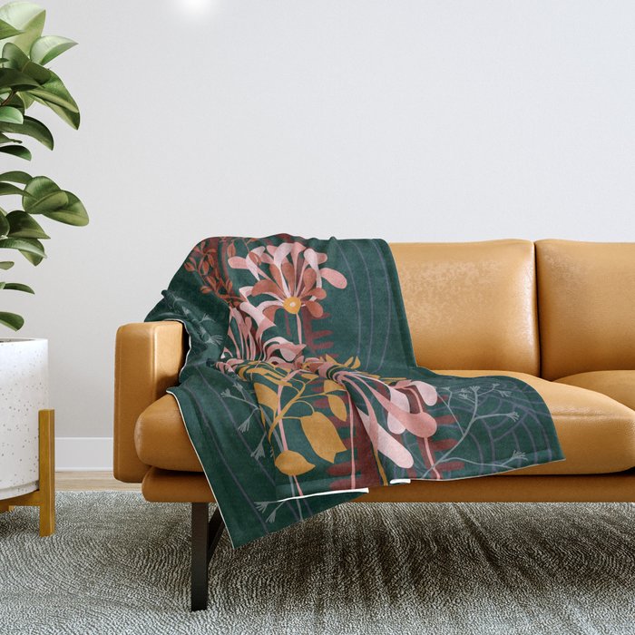 Alfons Mucha would love this flowers - emerald green Throw Blanket Gallery Image 1