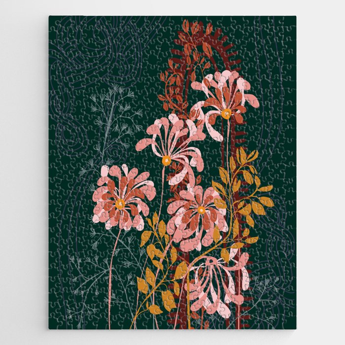 Alfons Mucha would love this flowers - emerald green Jigsaw Puzzle