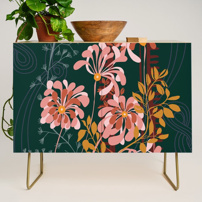 Alfons Mucha would love this flowers - emerald green Credenza Gallery Image 1