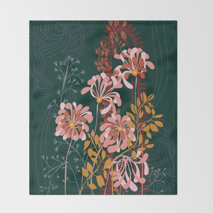 Alfons Mucha would love this flowers - emerald green Throw Blanket Gallery Image 2