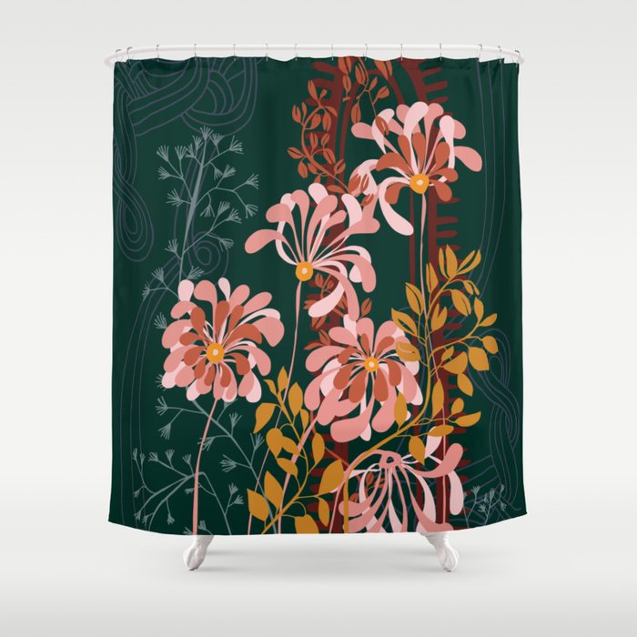 Alfons Mucha would love this flowers - emerald green Shower Curtain Gallery Image 1