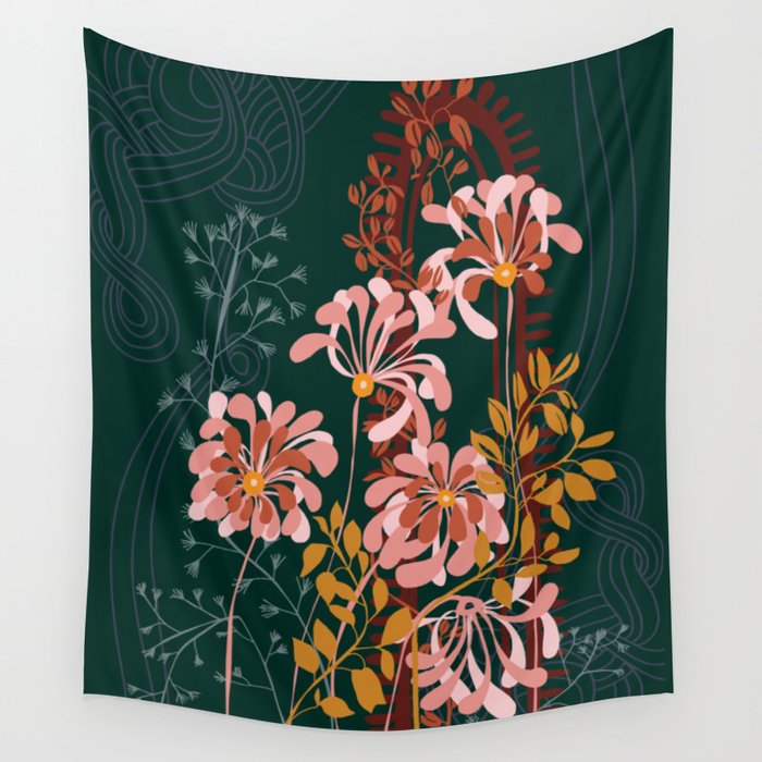 Alfons Mucha would love this flowers - emerald green Wall Tapestry Gallery Image 1