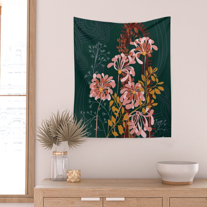 Alfons Mucha would love this flowers - emerald green Wall Tapestry Gallery Image 2