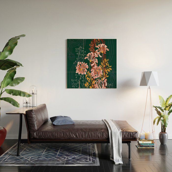 Alfons Mucha would love this flowers - emerald green Wood Wall Art Gallery Image 2