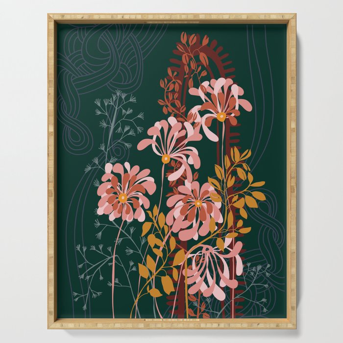 Alfons Mucha would love this flowers - emerald green Serving Tray Gallery Image 1