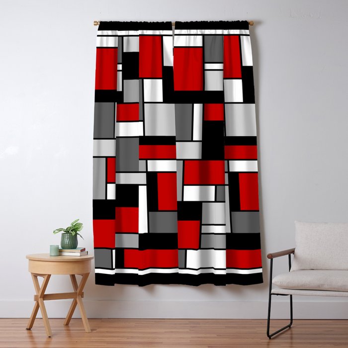 Mid Century Modern Color Blocks in Red, Gray, Black and White Window Curtain Gallery Image 5