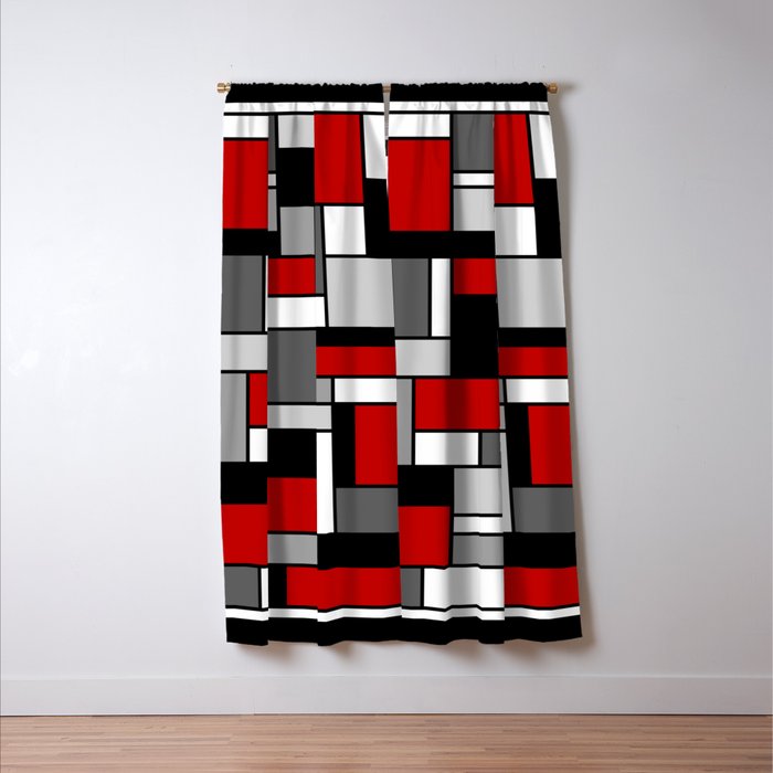 Mid Century Modern Color Blocks in Red, Gray, Black and White Window Curtain Gallery Image 3
