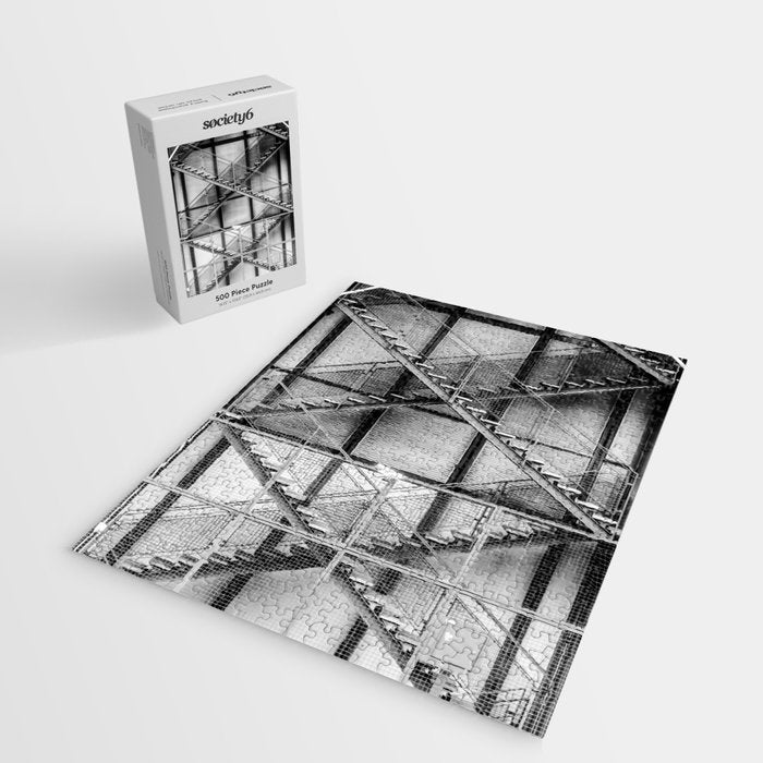 Escape from New York fire escape symmetrical steel staircase architecture black and white photograph Jigsaw Puzzle Gallery Image 2