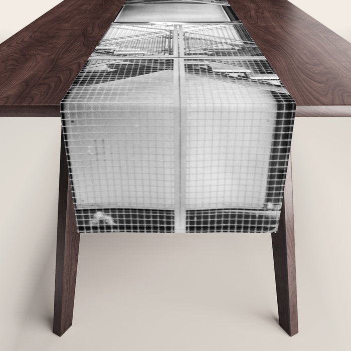 Escape from New York fire escape symmetrical steel staircase architecture black and white photograph Table Runner Gallery Image 1