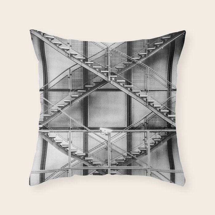 Escape from New York fire escape symmetrical steel staircase architecture black and white photograph Throw Pillow Gallery Image 6