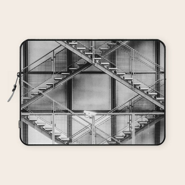 Escape from New York fire escape symmetrical steel staircase architecture black and white photograph Laptop Sleeve Gallery Image 1