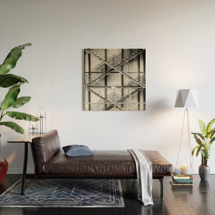 Escape from New York fire escape symmetrical steel staircase architecture black and white photograph Wood Wall Art Gallery Image 2
