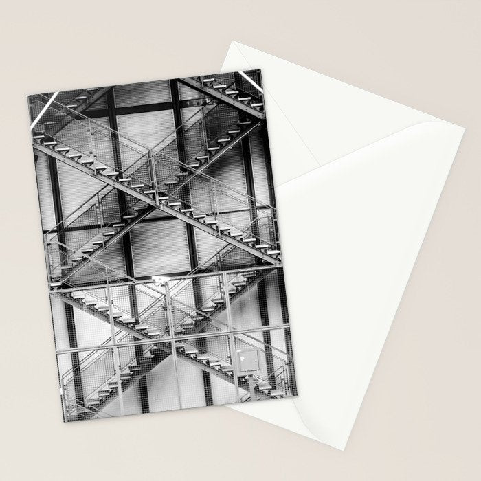 Escape from New York fire escape symmetrical steel staircase architecture black and white photograph Stationery Card Gallery Image 2