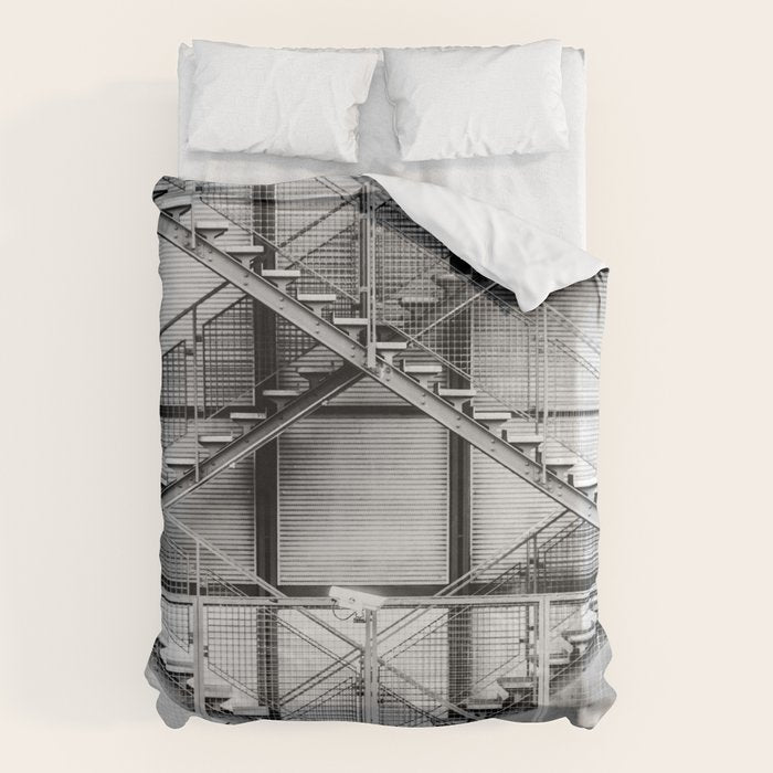 Escape from New York fire escape symmetrical steel staircase architecture black and white photograph Duvet Cover Gallery Image 6