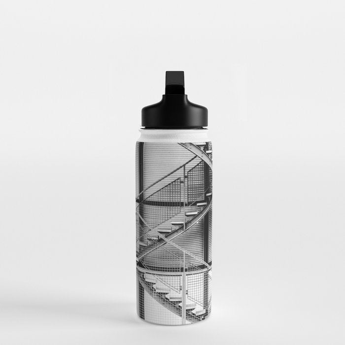 Escape from New York fire escape symmetrical steel staircase architecture black and white photograph Water Bottle Gallery Image 3
