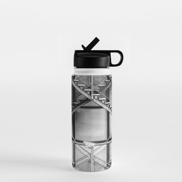 Escape from New York fire escape symmetrical steel staircase architecture black and white photograph Water Bottle Gallery Image 1