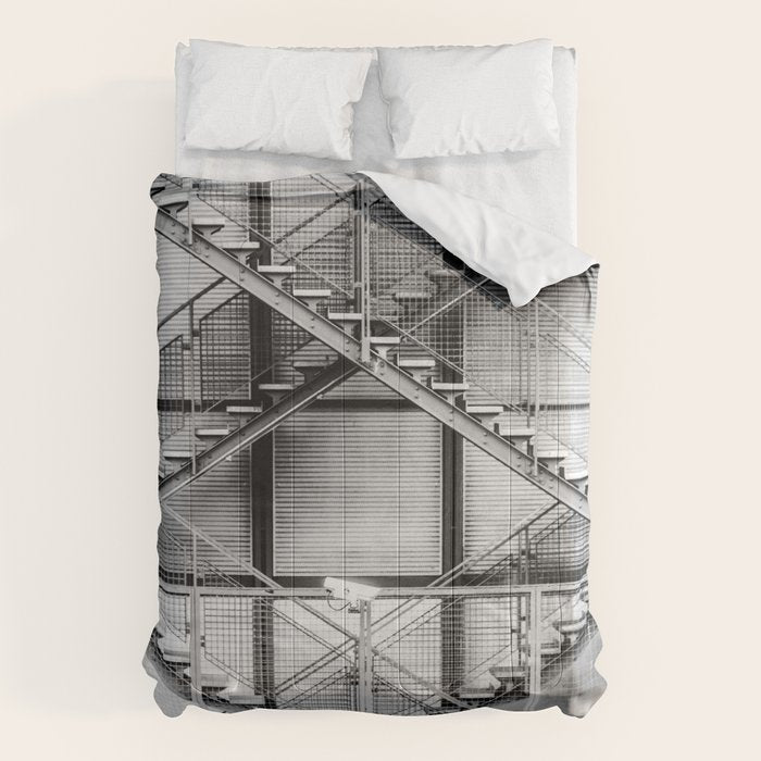 Escape from New York fire escape symmetrical steel staircase architecture black and white photograph Comforter Gallery Image 6