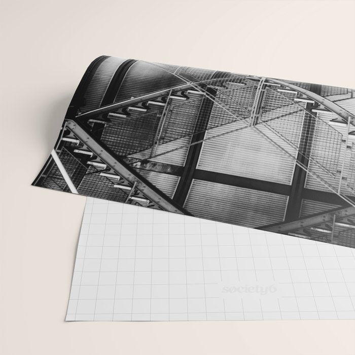 Escape from New York fire escape symmetrical steel staircase architecture black and white photograph Wrapping Paper Gallery Image 2