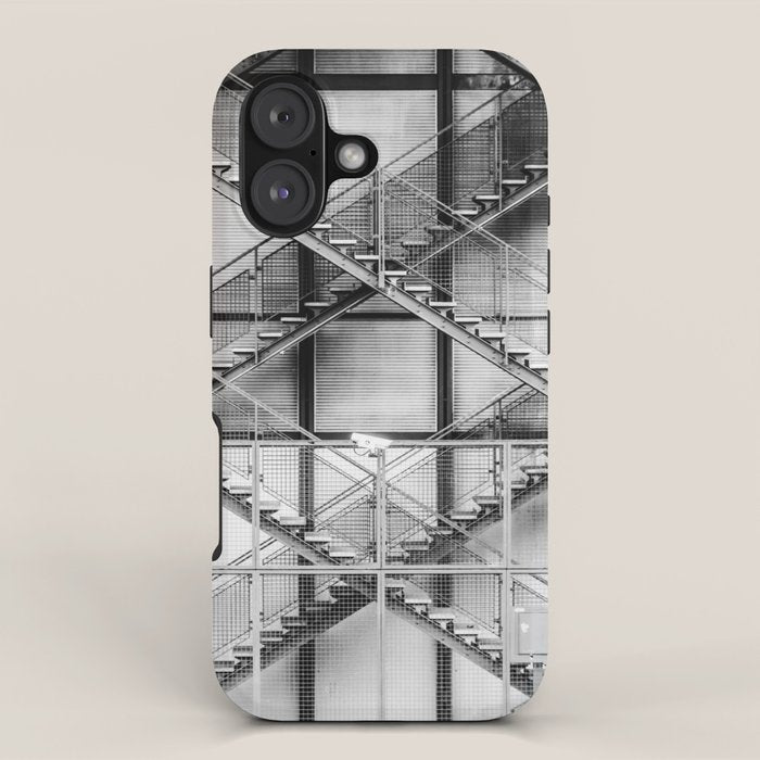 Escape from New York fire escape symmetrical steel staircase architecture black and white photograph iPhone Case Gallery Image 1