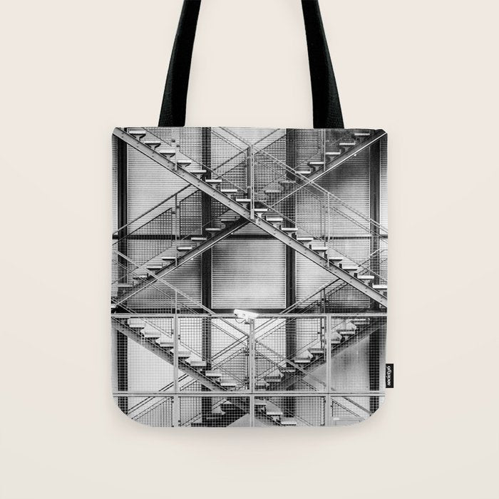Escape from New York fire escape symmetrical steel staircase architecture black and white photograph Tote Bag Gallery Image 1