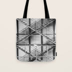 Escape from New York fire escape symmetrical steel staircase architecture black and white photograph Tote Bag Gallery Image 1