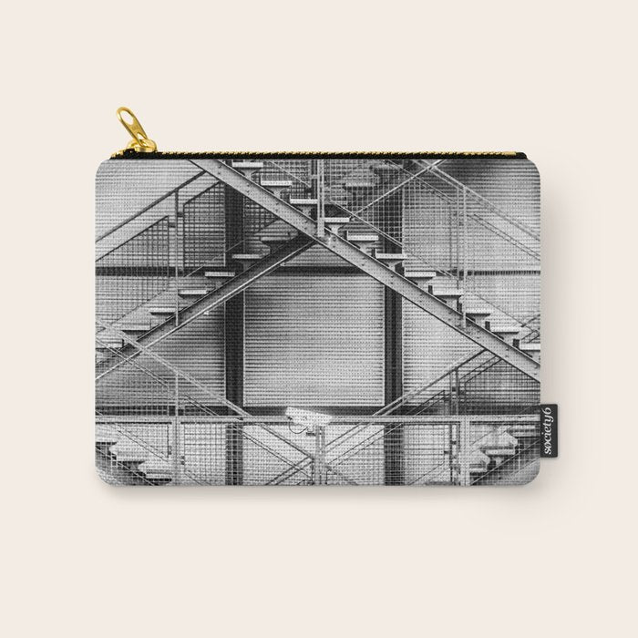 Escape from New York fire escape symmetrical steel staircase architecture black and white photograph Carry All Pouch Gallery Image 1
