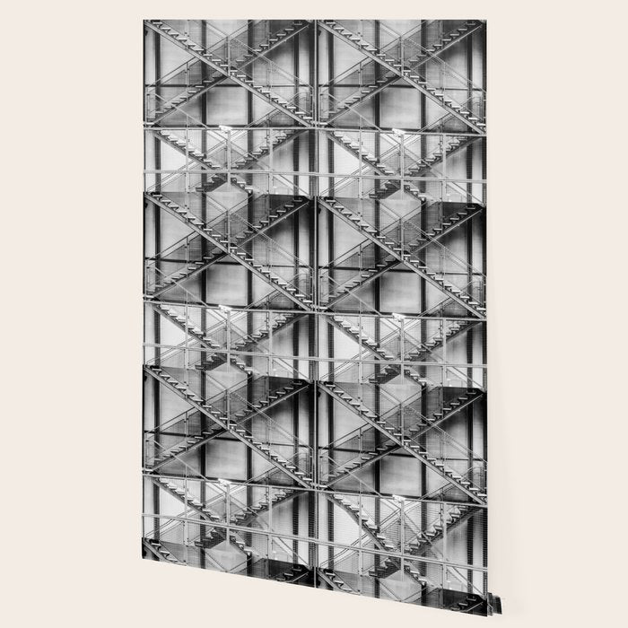 Escape from New York fire escape symmetrical steel staircase architecture black and white photograph Wallpaper Gallery Image 2