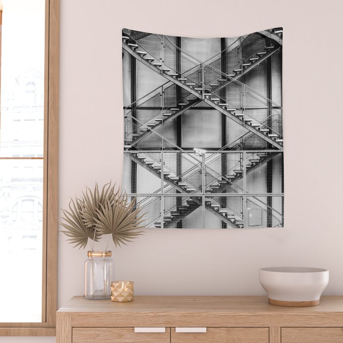Escape from New York fire escape symmetrical steel staircase architecture black and white photograph Wall Tapestry Gallery Image 2