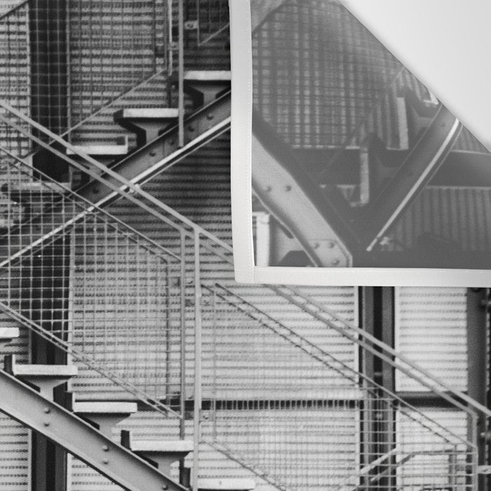 Escape from New York fire escape symmetrical steel staircase architecture black and white photograph Wall Tapestry Gallery Image 3