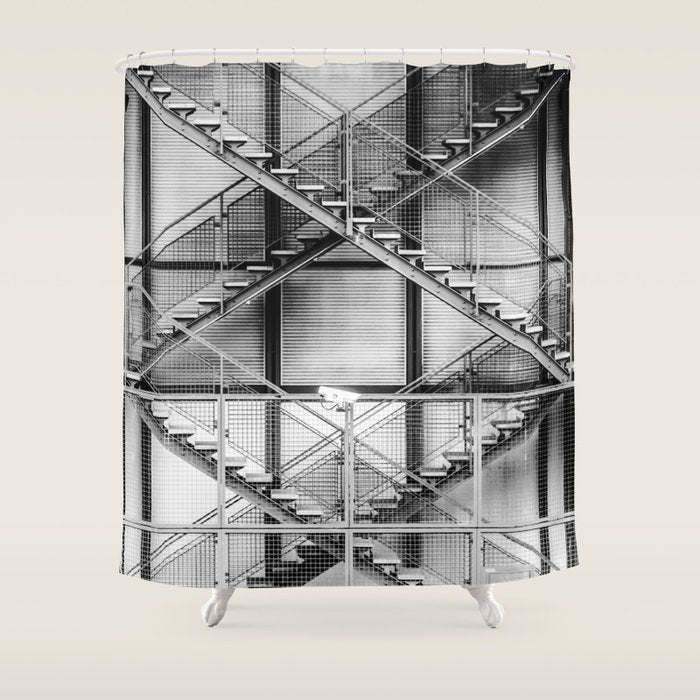 Escape from New York fire escape symmetrical steel staircase architecture black and white photograph Shower Curtain Gallery Image 1