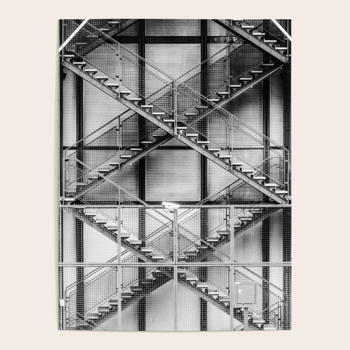 Escape from New York fire escape symmetrical steel staircase architecture black and white photograph Poster Gallery Image 4