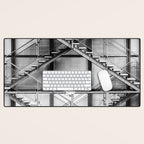 Escape from New York fire escape symmetrical steel staircase architecture black and white photograph Desk Mat Gallery Image 1