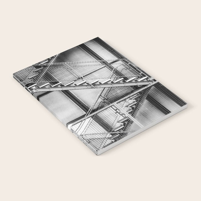 Escape from New York fire escape symmetrical steel staircase architecture black and white photograph Notebook Gallery Image 1