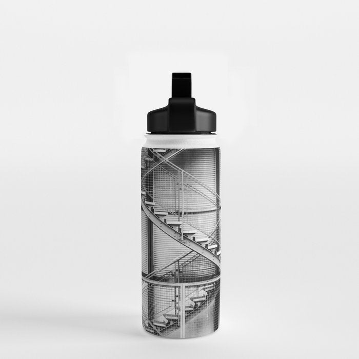Escape from New York fire escape symmetrical steel staircase architecture black and white photograph Water Bottle Gallery Image 2