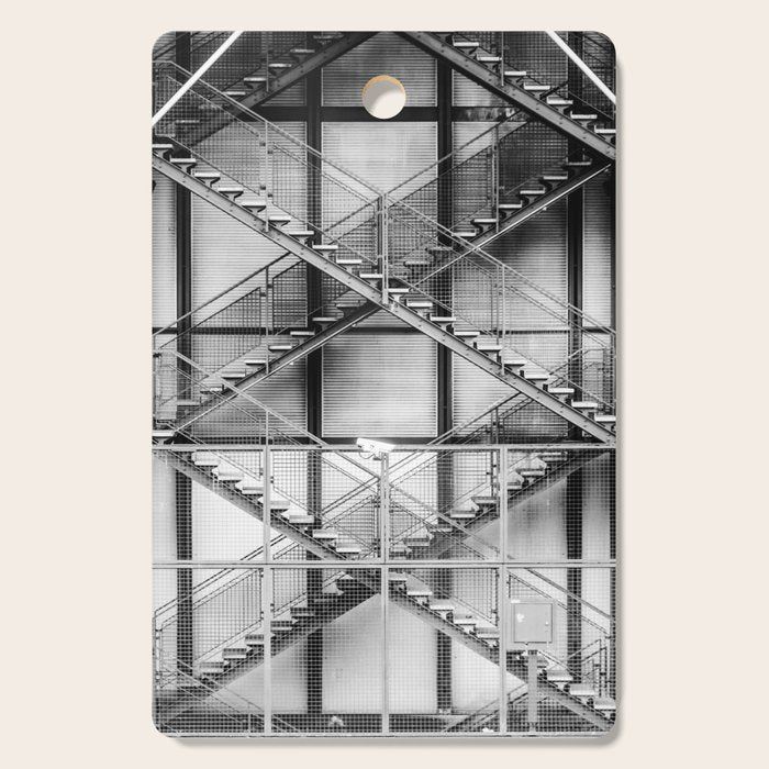Escape from New York fire escape symmetrical steel staircase architecture black and white photograph Cutting Board Gallery Image 1