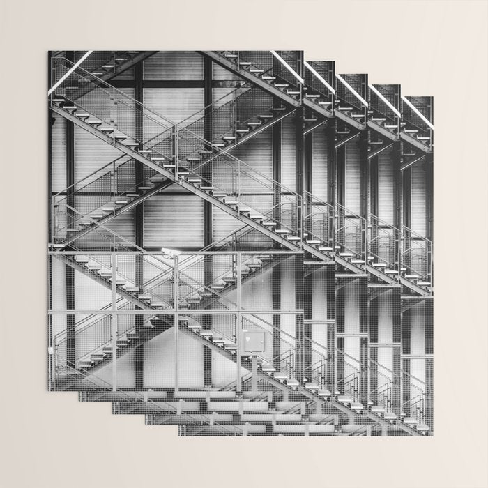 Escape from New York fire escape symmetrical steel staircase architecture black and white photograph Wrapping Paper Gallery Image 3