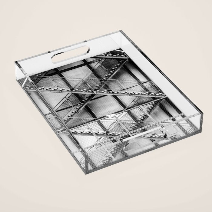 Escape from New York fire escape symmetrical steel staircase architecture black and white photograph Acrylic Tray Gallery Image 1