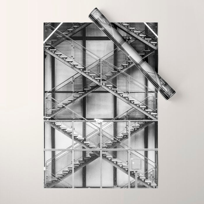Escape from New York fire escape symmetrical steel staircase architecture black and white photograph Wrapping Paper Gallery Image 1