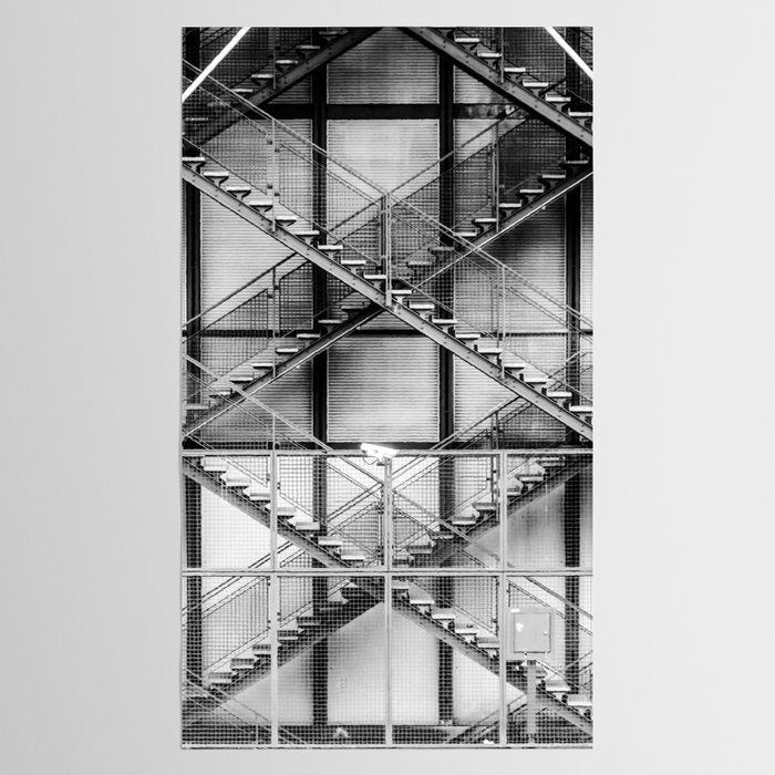 Escape from New York fire escape symmetrical steel staircase architecture black and white photograph Tablecloth Gallery Image 2