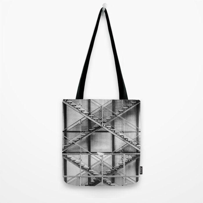Escape from New York fire escape symmetrical steel staircase architecture black and white photograph Tote Bag Gallery Image 2